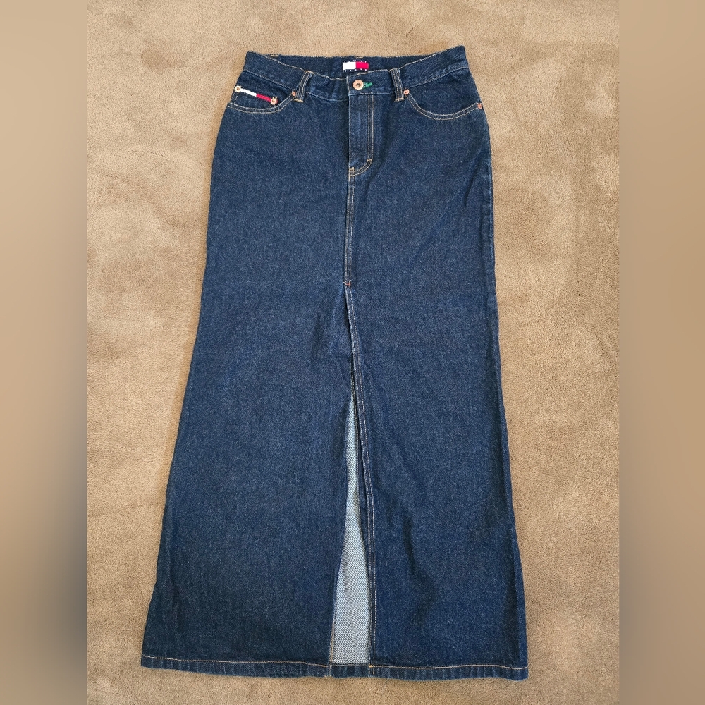 Tommy Hilfiger Dark Blue Denim Maxi Skirt Flag Patch Front Slit.